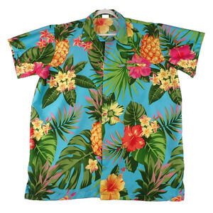 King Kameha Men's Blue Floral Hawaiian Short Sleeve Shirt XL Silky Lightweight